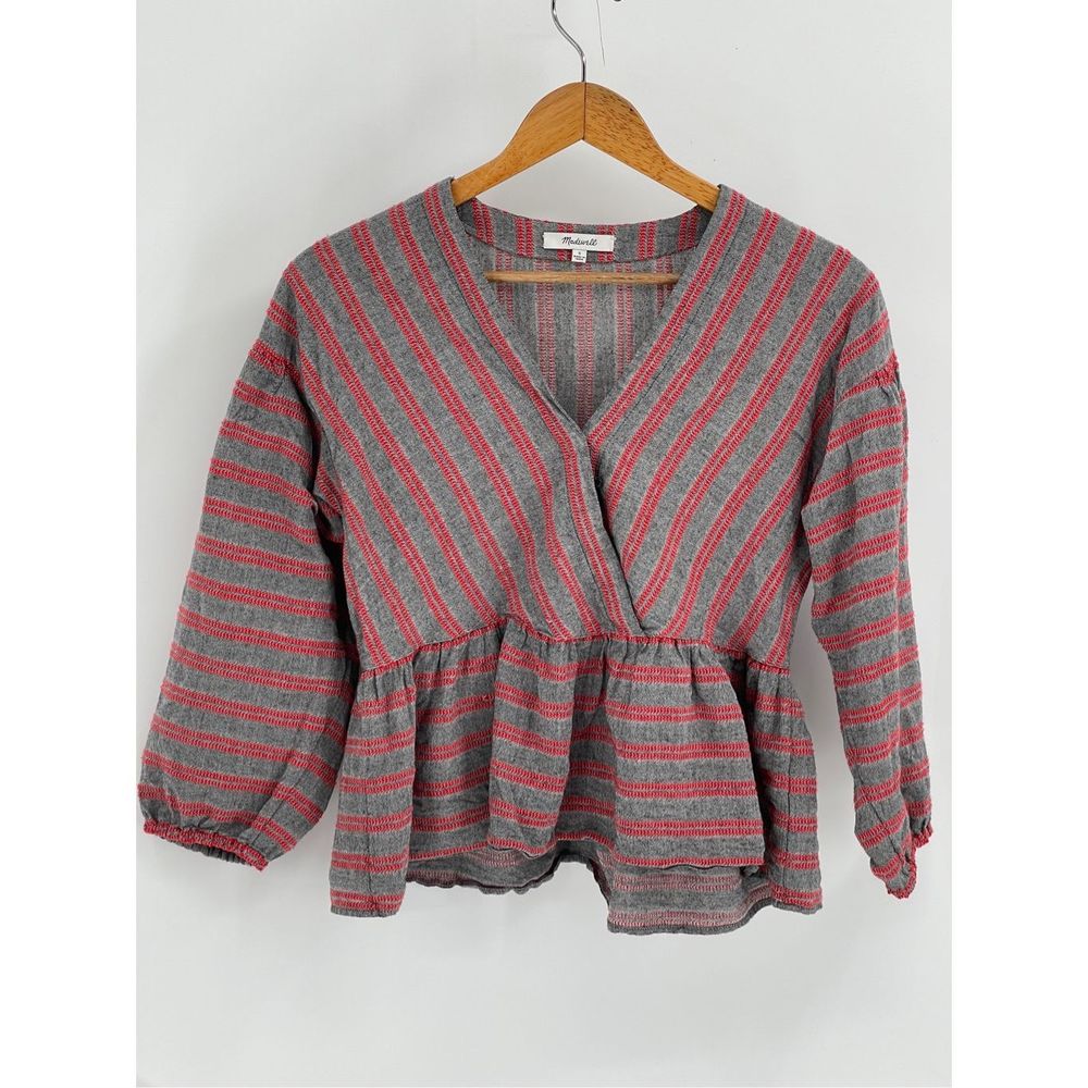 Madewell Faux Wrap Top Peplum‎ Women's Small Gra Red Striped V Neck 3/4 Sleeve